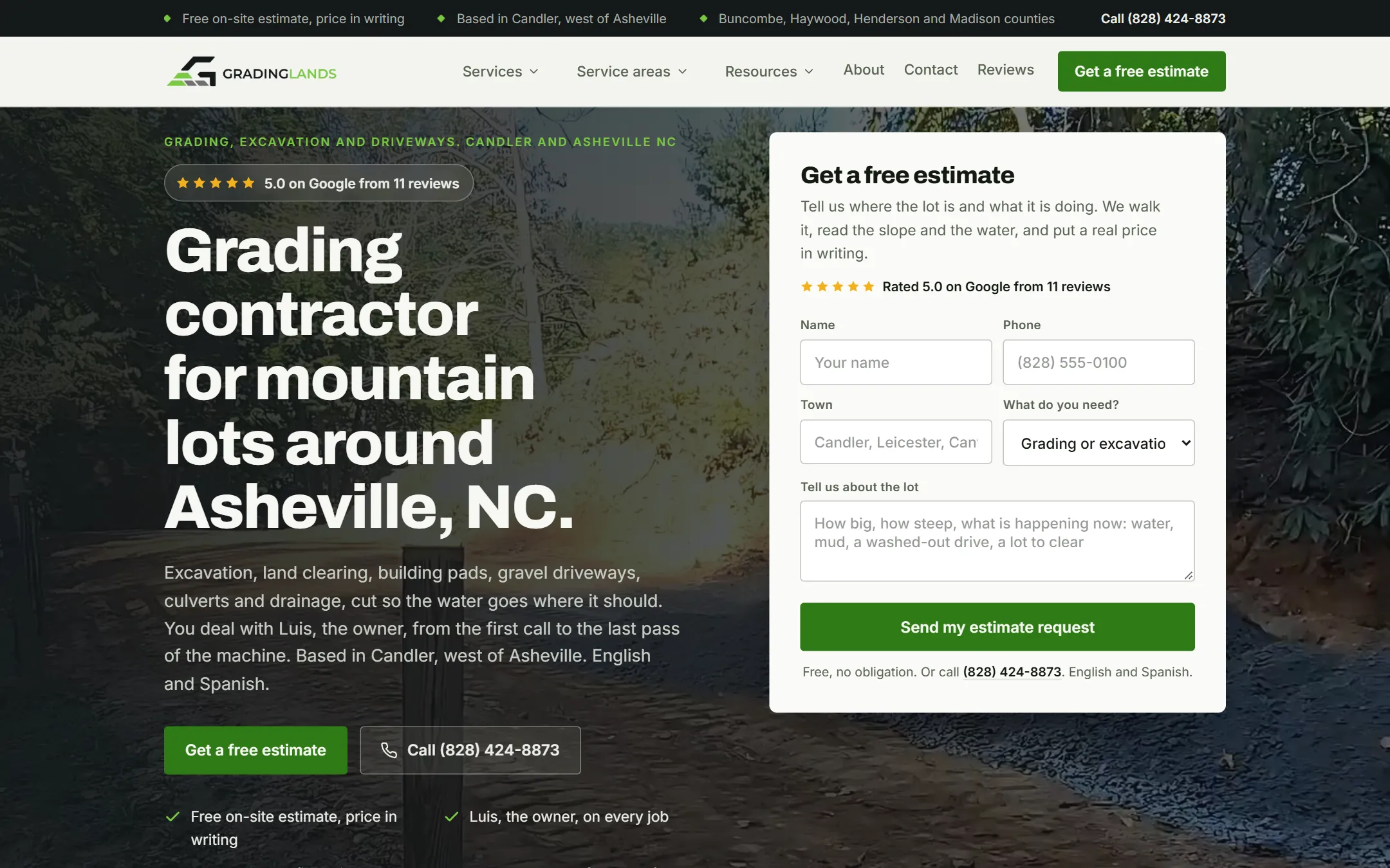 Grading Lands homepage: headline “Grading contractor for mountain lots around Asheville, NC” beside a free-estimate form